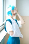 arm_sling ayanami_rei blue_hair cosplay eyepatch neon_genesis_evangelion red_eyes school_uniform rating:Safe score:0 user:darkgray