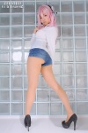 blouse cosplay denim headphones natsumi_(ii) nitro_super_sonic pantyhose pink_eyes pink_hair sheer_legwear shorts super_soniko rating:Safe score:3 user:pixymisa