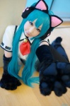 animal_ears aqua_hair blouse cat_ears cosplay hatsune_miku headset miiko project_diva trousers twintails vocaloid rating:Safe score:1 user:nil!