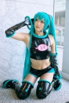 aira aqua_hair boots cosplay croptop elbow_gloves gloves hatsune_miku headset pantyhose project_diva shorts sleeveless thigh_boots thighhighs twintails vocaloid rating:Safe score:2 user:nil!