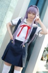 clannad cosplay fujibayashi_kyou jumper purple_hair ryuuna sailor_uniform school_uniform thighhighs zettai_ryouiki rating:Safe score:0 user:xkaras