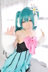 aqua_hair colorful_pop_star!! cosplay detached_sleeves dress ear_muffs haruka hatsune_miku twintails vocaloid rating:Safe score:1 user:nil!