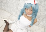 blue_hair choker cosplay elbow_gloves gloves hatsune_miku miniskirt necoco nurse nurse_cap nurse_uniform pantyhose pleated_skirt skirt vocaloid rating:Safe score:1 user:pixymisa