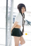 cosplay croptop miniskirt okino_mayoko pleated_skirt shimotsuki_sato skirt socks twin_braids zone-00 rating:Safe score:2 user:pixymisa