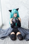 animal_ears aqua_eyes aqua_hair blouse cat_ears cosplay elbow_gloves gloves half-skirt hatsune_miku ribbon_tie rubia shorts thighhighs twintails vocaloid rating:Safe score:1 user:pixymisa
