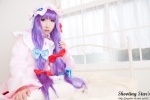 bed cosplay dress hat patchouli_knowledge purple_hair robe saku sweet_garden thighhighs touhou rating:Safe score:0 user:nil!