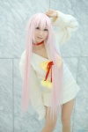 bow choker cosplay heterochromia k neko_(k) pantyhose pink_hair seri sheer_legwear sweater rating:Safe score:2 user:pixymisa