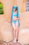 aqua_hair bikini cleavage cosplay hatsune_miku headset mashiro_yuki project_diva swimsuit twintails vocaloid rating:Safe score:0 user:nil!