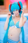 aqua_hair bikini cleavage cosplay hatsune_miku headset mashiro_yuki pool project_diva swimsuit twintails vocaloid wet rating:Safe score:3 user:nil!