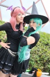 aqua_hair blouse cosplay detached_sleeves dress hairband hatsune_miku itsuki_(model) megurine_luka pink_hair striped tagme_song tenko thighhighs twintails vocaloid witch_hat zettai_ryouiki rating:Safe score:1 user:nil!
