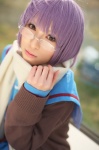 cardigan cosplay glasses nagato_yuki pleated_skirt purple_hair rinami sailor_uniform scarf school_uniform skirt suzumiya_haruhi_no_yuuutsu rating:Safe score:0 user:nil!