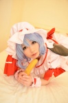 bed blue_hair cosplay dress hat remilia_scarlet shizuku touhou touhou_muge_youji wings rating:Safe score:3 user:nil!