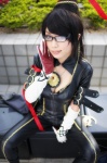 bayonetta bayonetta_(character) bodysuit cleavage cosplay elbow_gloves glasses gloves hair_ribbons risa rating:Safe score:3 user:nil!