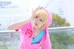 blonde_hair cosplay hoodie kagerou_project kisaragi_momo_(kagerou_project) pink_eyes sakuma_koami tshirt rating:Safe score:0 user:pixymisa
