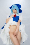 blouse blue_hair bottomless cirno cosplay dress_lift hairbow jumper lenfried socks touhou rating:Questionable score:3 user:nil!