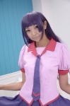 bakemonogatari blouse cosplay necoco pleated_skirt purple_hair school_uniform senjougahara_hitagi skirt tie rating:Safe score:0 user:pixymisa