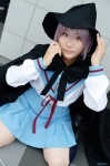 cape cosplay kneesocks miniskirt nagato_yuki nagatsuki pleated_skirt purple_hair sailor_uniform school_uniform skirt suzumiya_haruhi_no_yuuutsu witch_hat rating:Safe score:0 user:nil!