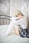 asanagi_rin blonde_hair blouse cosplay haiyore!_nyaruko-san nyaruko pleated_skirt school_uniform skirt thighhighs rating:Safe score:4 user:pixymisa