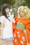 amane_(ii) apron bandage blonde_hair blouse cosplay green_eyes hairbows kimono obi pleated_skirt saionji_hiyoko skirt super_dangan-ronpa_2 tsumiki_mikan twintails yuyu_kaname rating:Safe score:0 user:pixymisa