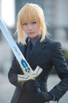 blazer blonde_hair blouse blue_eyes cosplay fate/series fate/stay_night gloves saber sword tie yuuri_(shio274) rating:Safe score:1 user:pixymisa