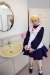 apron asazumi_yuumi bathroom blonde_hair colita_amuse cosplay dress hairband maid maid_uniform ponytail thighhighs wataridori_ni_yadorigi_wo rating:Safe score:0 user:nil!