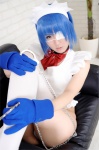 apron blue_hair cosplay eyepatch gloves hairband handcuffs ikkitousen kibashi maid maid_uniform panties ryomou_shimei thighhighs white_legwear rating:Safe score:3 user:nil!