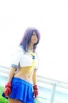 cosplay croptop fingerless_gloves gloves ikkitousen itsuki_akira kanu_unchou pleated_skirt purple_hair sailor_uniform school_uniform skirt rating:Safe score:2 user:nil!