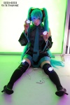 aqua_hair blouse chihane cosplay detached_sleeves hatsune_miku headset pleated_skirt skirt thighhighs tie twintails vocaloid zettai_ryouiki rating:Safe score:0 user:nil!