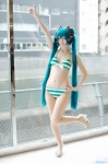 aqua_hair bikini cosplay haruka hatsune_miku headset pantyhose project_diva striped swimsuit twintails vocaloid rating:Safe score:9 user:nil!