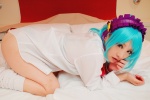bed blouse blue_hair cosplay hairband kurono_kurumu loose_socks open_clothes rikka rosario+vampire school_uniform socks you're_my_only_shinin'_star rating:Safe score:0 user:nil!