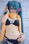 bikini blue_hair cleavage cosplay ear_muffs hatsune_miku headset jeans momoka_(ii) open_clothes scarf swimsuit twintails vocaloid rating:Safe score:2 user:nil!