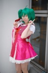 boots bow cosplay dress green_hair macross macross_frontier microphone miki necklace ranka_lee red_eyes ribbons twintails vest rating:Safe score:1 user:pixymisa
