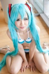 aqua_hair bikini cosplay hatsune_miku headset kishimen pantyhose project_diva swimsuit twintails vocaloid rating:Safe score:0 user:pixymisa