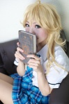 blonde_hair blouse book cosplay hoshii_miki idolmaster pleated_skirt riyo skirt tie rating:Safe score:0 user:pixymisa