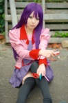 bakemonogatari blouse cosplay pleated_skirt purple_hair school_uniform senjougahara_hitagi skirt thighhighs tie yuzunyan zettai_ryouiki rating:Safe score:1 user:nil!