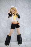 blouse cosplay detached_sleeves hairbow hair_clips headset hiokichi kagamine_rin leggings shorts vocaloid rating:Safe score:0 user:nil!