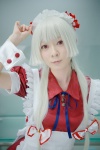 apron cosplay cuffs dress fujiwara_no_mokou hairbow maropapi red_eyes ribbon_tie touhou white_hair rating:Safe score:0 user:pixymisa