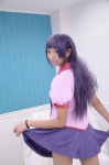 bakemonogatari blouse cosplay necoco pleated_skirt purple_hair school_uniform senjougahara_hitagi skirt skirt_lift tie rating:Safe score:0 user:pixymisa