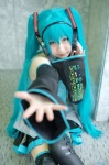 aqua_hair blouse cosplay detached_sleeves hatsune_miku headset hioron pleated_skirt skirt thighhighs tie twintails vocaloid zettai_ryouiki rating:Safe score:1 user:nil!