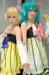 aqua_hair blonde_hair colorful_x_melody_(vocaloid) cosplay detached_sleeves dress hatsune_miku headphones kagamine_rin kotori microphone project_diva saya twintails vocaloid rating:Safe score:0 user:nil!