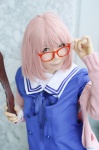 ahoge cardigan cosplay glasses kuriyama_mirai kyoukai_no_kanata nanami_akua sailor_uniform school_uniform sword rating:Safe score:0 user:nil!