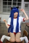 animal_ears blue_hair buruma cat_ears cosplay furude_rika gym_uniform higurashi_no_naku_koro_ni kneesocks pantyhose sheer_legwear shorts tshirt tsun rating:Safe score:0 user:nil!