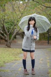 blouse braid cardigan kneesocks nanaka_amanonanae pleated_skirt rain scarf skirt umbrella rating:Safe score:0 user:pixymisa