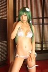 bikini cleavage cosplay green_hair hanamura_misaki kochiya_sanae miko side-tie_bikini swimsuit touhou touhou_kinbauchou rating:Safe score:0 user:nil!