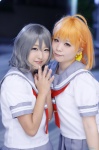 ahoge cosplay love_live!_sunshine!! naru orange_hair pleated_skirt riri sailor_uniform school_uniform silver_hair skirt takami_chika watanabe_you rating:Safe score:0 user:nil!