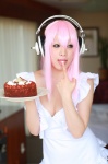 apron arai_yomi cake cleavage cosplay headphones nearly_naked_apron nitro_super_sonic pink_hair soniko_nuija_imashita super_soniko rating:Safe score:1 user:nil!