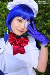 apron blue_hair bowtie choker cosplay eyepatch gloves hairband ikkitousen kiritani_kaname maid maid_uniform red_eyes ryomou_shimei rating:Safe score:0 user:pixymisa