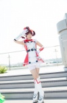 boots cosplay dress elbow_gloves feather gloves hair_scrunchies hat isshiki_akane reco red_eyes red_hair shorts twintails vividred_operation rating:Safe score:0 user:pixymisa