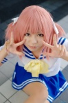 cosplay hair_ribbons kobayakawa_yutaka lucky_star miku pantyhose pink_hair pleated_skirt sailor_uniform school_uniform skirt twintails rating:Safe score:0 user:nil!