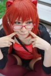 cosplay glasses hair_pods hair_ties looking_over_glasses neon_genesis_evangelion red_hair shorts soryu_asuka_langley thighhighs track_jacket tshirt twintails yaya rating:Safe score:1 user:pixymisa